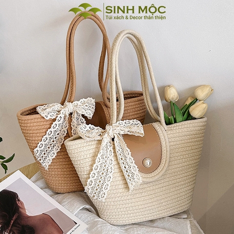 Túi cotton buộc nơ ren, túi xách cotton, giỏ cotton buộc nơ Sinh Mộc - M3029