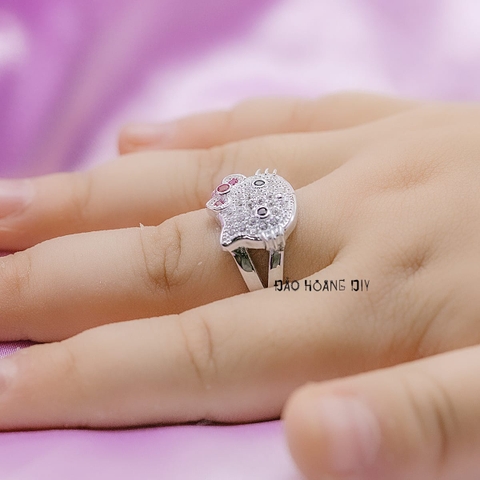 Nhẫn Bạc Trẻ Em Mặt Mèo Kitty Nơ Hồng Xinh N2412070018