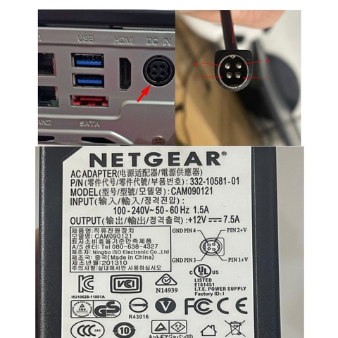 Adapter 12V 7.5A NETGEAR CAM090121 Connector Size 4 Pin 10mm Mini Din For Thiết Bị Lưu Trữ Dữ Liệu Netgear RND-4C 4-Bay Network Advanced Storage with 4 trays