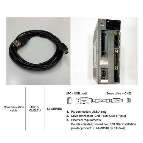 Cáp Lập Trình APCS-CM5L7U Communication Cable USB to Mini USB 5P Plug 7Ft Dài 2M For LS Electric L7 Series Servo CN5 Connector to Computer