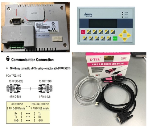 Bộ Combo Cáp Lập Trình DVPACAB515 Cable RS232 DB9 Female to DB9 Female 2M For Màn hình HMI Delta TP04G-AS2 Với Máy Tính Và USB to RS232 Z-TEK ZE533A