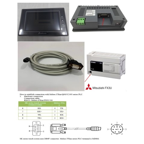 Cáp Lập Trình HMI Samkoon SK Series Với PLC Mitsubishi Melsec FXxn Series Terminal is MD8M Connection Cable RS422 Mini Din 8 Pin to DB9 Female Dài 5M Có Chống Nhiễu Shielded