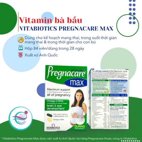 Vitamin cho bà bầu Vitabiotics Pregnacare Max - Anh (84 viên)