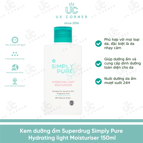 Kem dưỡng ẩm Superdrug Simply Pure Hydrating light Moisturiser 150 ml