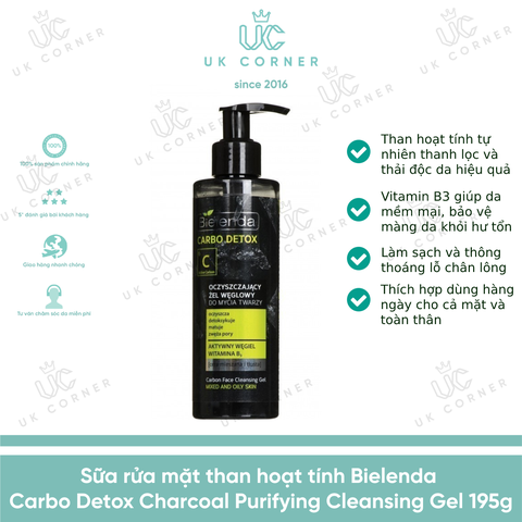 Sữa rửa mặt than hoạt tính Bielenda Carbon Detox Charcoal Purifying Cleansing Gel 195g