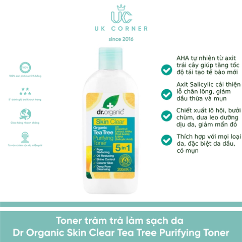 Toner tràm trà làm sạch da Dr Organic Skin Clear Tea Tree Purifying Toner 200ml