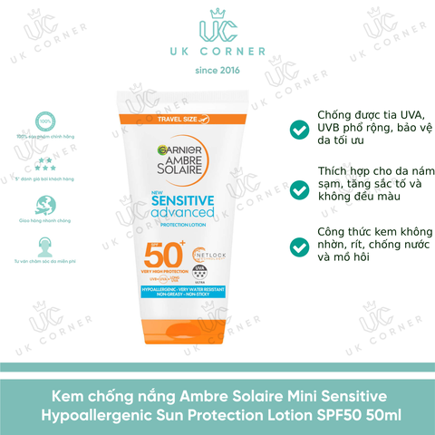 Kem chống nắng phổ rộng Garnier Ambre Solaire Mini Sensitive Hypoallergenic Sun Protection Lotion SPF50