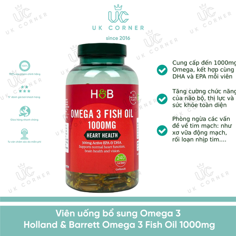 Thực phẩm chức năng bổ sung omega 3 Holland & Barrett Omega 3 Fish Oil Concentrate Capsules 1000mg