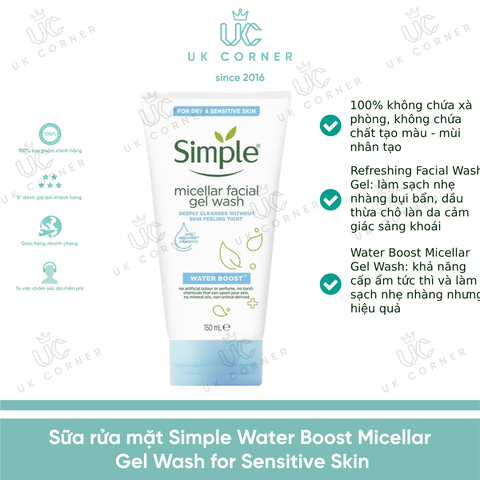 Sữa rửa mặt cấp ẩm cho da nhạy cảm Simple Water Boost Micellar Gel Wash for Sensitive Skin 150 ml,