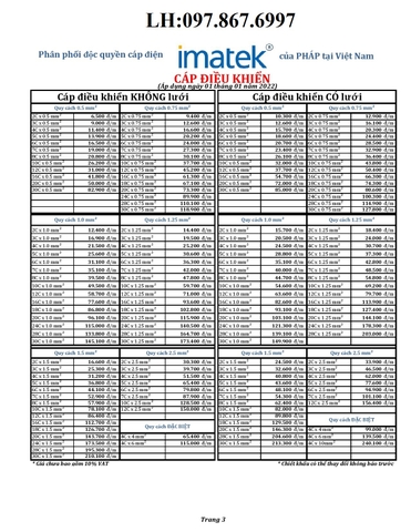 Bảng giá cáp điều khiển IMATEK