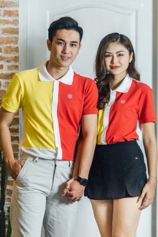 Couple White Split mix Yellow Red Block Premium Polo