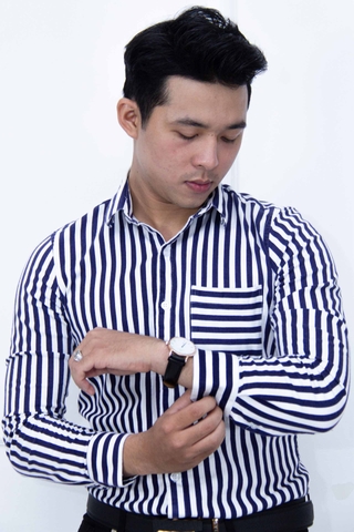 Navy Blue Striped Shirt with Flat Line Pocket