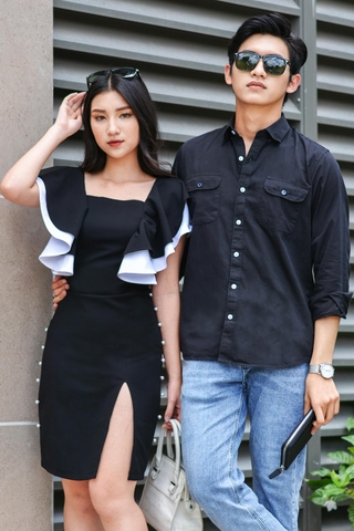 Couple Pocket Black Shirt & Pearls Line Dress