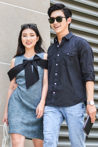 Couple Pocket Black Shirt & Textured Bow Tie Dress