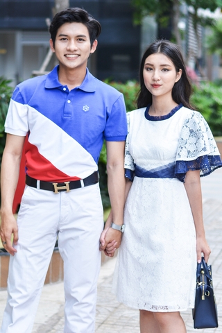 Couple Navy White Red Polo & Classy Pleated Lace Dress