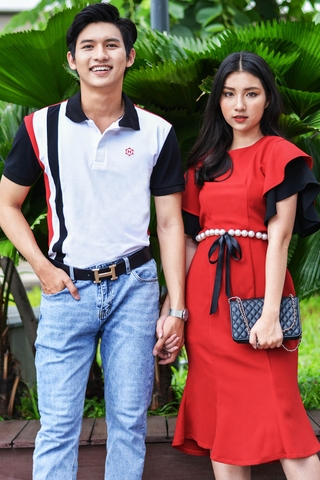 Couple Vertical line Polo & Pearl Belt Dress