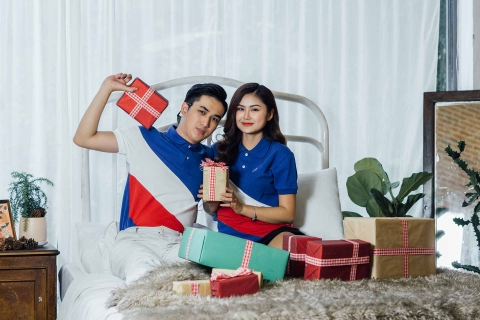 Couple Navy Blue Mixed White Red Skew Premium Polo