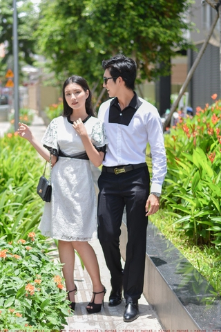 Couple Black Chest White Shirt & Classy Pleated Lace Dress