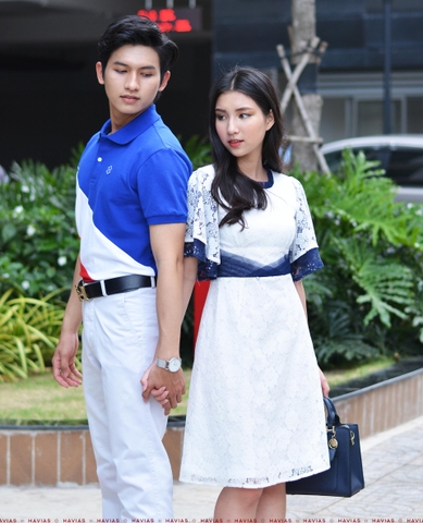 Couple Navy White Red Polo & Classy Pleated Lace Dress