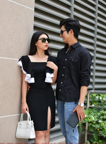 Couple Pocket Black Shirt & Pearls Line Dress