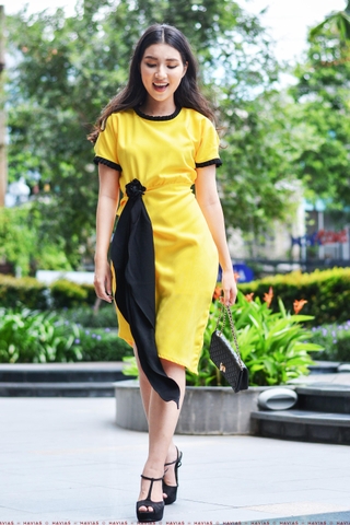 Pleated Neck Sleeve Black Band Yellow Dress