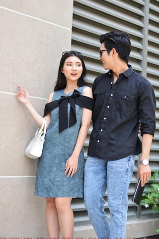 Couple Pocket Black Shirt & Textured Bow Tie Dress