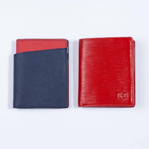 Bóp ví da thật nam nữ HAVIAS Couple Ví Seashell Grid Frame Navy & Rosy Luck Red Wallet