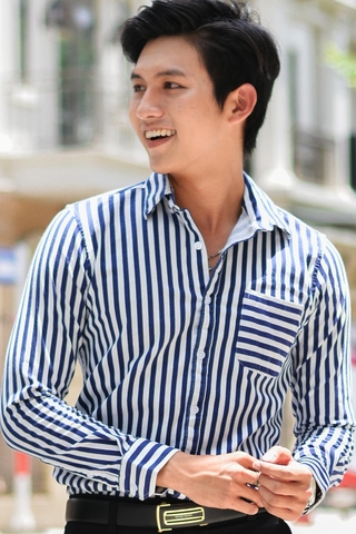 Navy Blue Striped Shirt with Flat Line Pocket