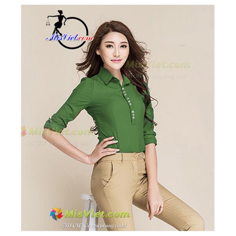 MV095 ÁO SƠ MI XANH RÊU HÀN QUỐC