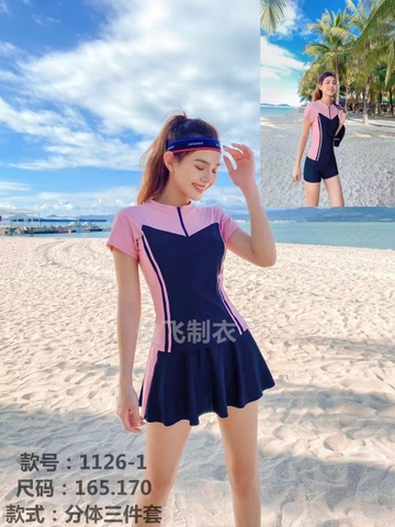 Bộ bơi nữ cộc rời, 3 món, màu than, tay hồng -1126-1