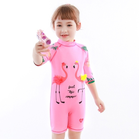 Bộ bơi bé gái cộc liền hồng, hình 2 cò (9021)