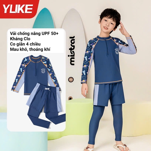 Bộ bơi dài vải chống nắng UPF 50+, dáng quần 2 lớp, màu xanh, Yuke