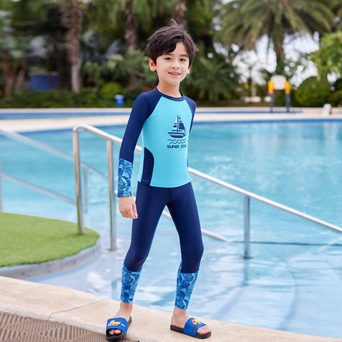 Bộ bơi bé trai dài xanh, tay than, quần dài rời, Super Star, 32015