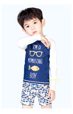 Bộ bơi bé trai dài xanh tay trắng, hình kính cá, Momasong (korea)
