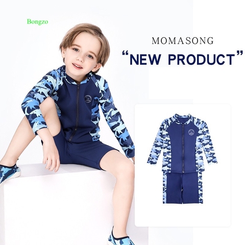 Bộ bơi bé trai dài tay kéo khoá, xanh rằn ri, vải cao cấp bảo vệ da, chống lạnh Momasong
