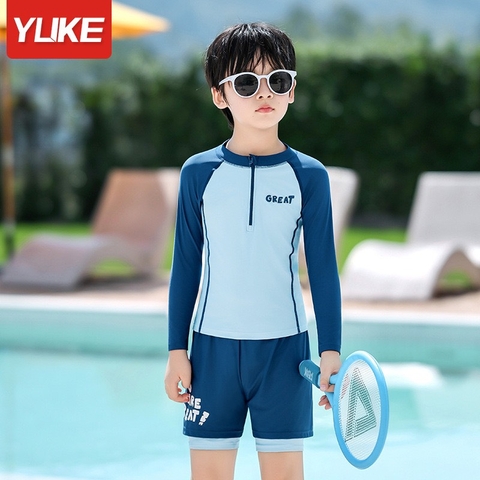 Bộ bơi bé trai dài vải cao cấp chống nắng, màu xanh, quần 2 lớp, Great