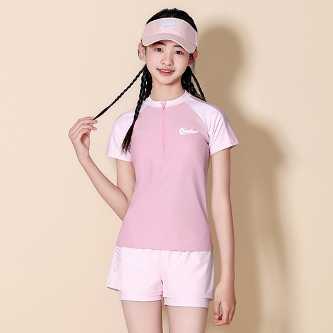 Bộ bơi bé gái cộc tay, màu hồng, vải cao cấp chống nắng UPF 50+, kháng Clo
