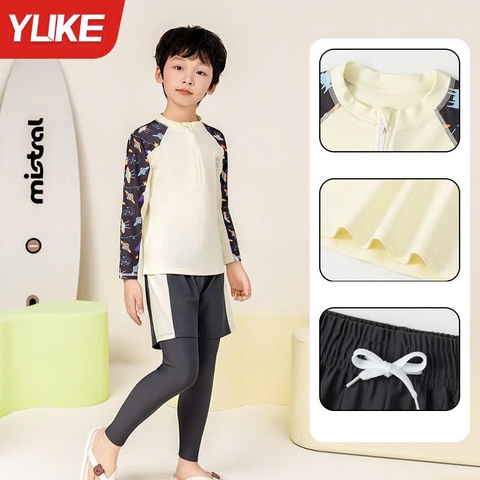 Bộ bơi dài vải chống nắng UPF 50+, dáng quần 2 lớp, màu trắng, Yuke