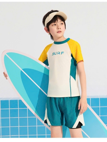 Bộ bơi cộc tay bé trai, màu trắng xanh, quần 2 lớp, chống nắng UPF 50+, YUKE