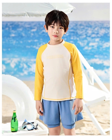Bộ bơi bé trai chống nắng UPF50+, màu trắng tay vàng, dài tay, Paradise, YUKE