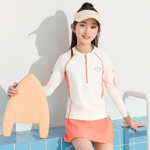 Bộ bơi bé gái dài tay, vải cao cấp chống nắng UPF50+, kháng Clo, màu trắng cam, YUKE