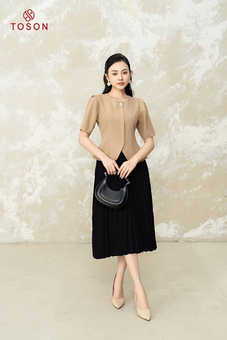 14928N53 - Áo ký giả tuýt si nâu be, tay bồng dáng Peplum