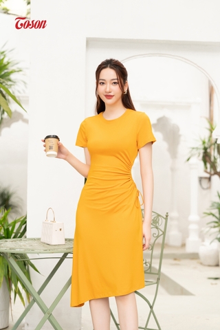 DP005V93 - Đầm cotton vàng dáng A, tay cộc eo rút nhún..