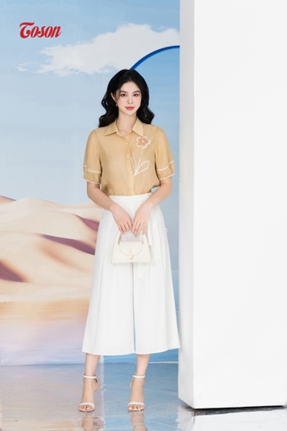 24013W83 - Quần culottes linen trắng xếp ly, cạp cách điệu nơ đai Limitted.