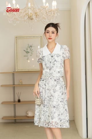 B1383H63 - Set bộ organza hoa: Áo đờ mi phối cổ + Chân váy xếp ly...