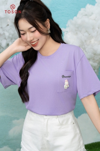 AP535T24 - Áo cotton tím rộng, túi đính gấu nhỏ