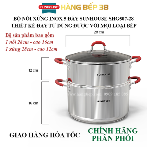 Bộ nồi xửng inox 5 đáy Sunhouse 28cm SHG507-28