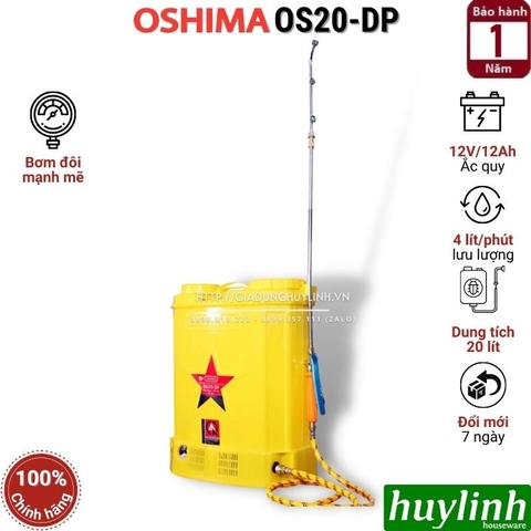 Bình xịt điện phun thuốc trừ sâu Oshima OS20-DP - 20 lít - Bơm đôi - 12V/12Ah