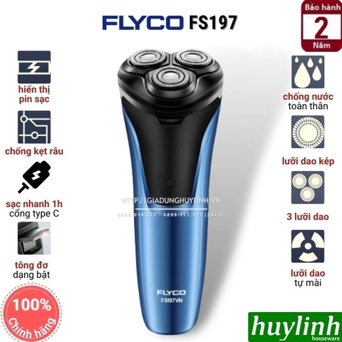 Máy cạo râu Flyco FS197VN - Sạc nhanh 1h + 3 lưỡi + chống nước IPX7