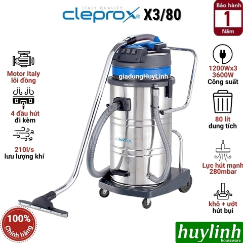 Máy hút bụi công nghiệp khô và ướt CleproX X3/80 - 80 lít - 3600W - 3 Motor